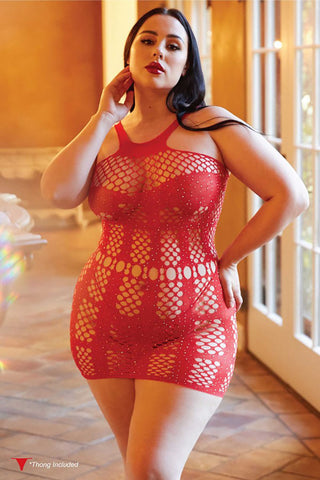 Red Halter Neckline Semi Sheer Cups Sleeveless Rhinestone Studs Fishnet Dress with Thong - One Size