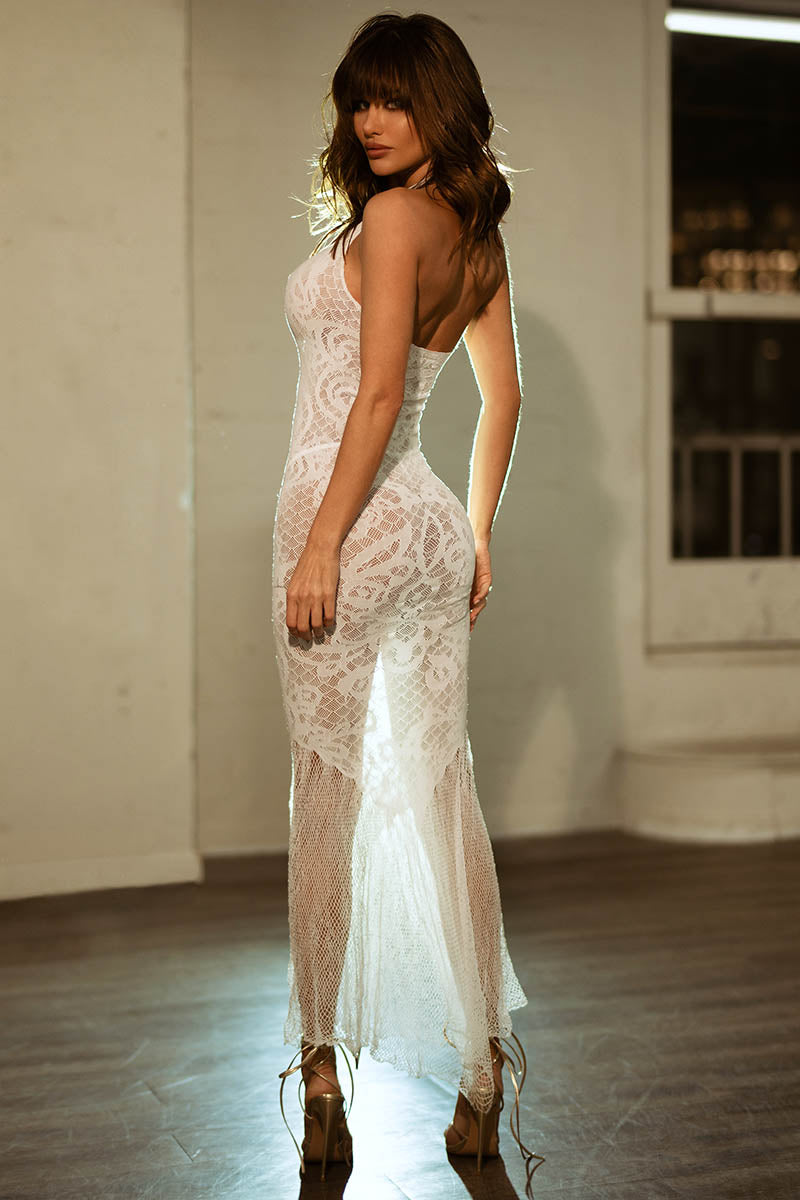 Radiant Bloom Plunge Dress - White