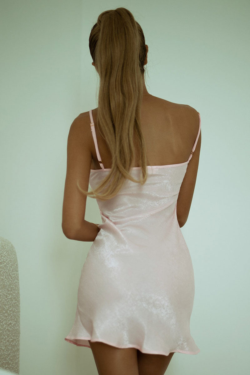 Light Pink Satin Chemise Mini Satin Slip Dress with Floral Lace Trim on Deep V Neckline and Adjustable Thin Straps - One Size