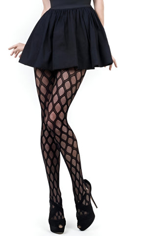 black double-net diamond cage fishnet tights styled as a cat and pin-up Halloween costume