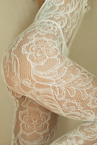 Blooming Love Fishnet Bodystocking with Thong - White