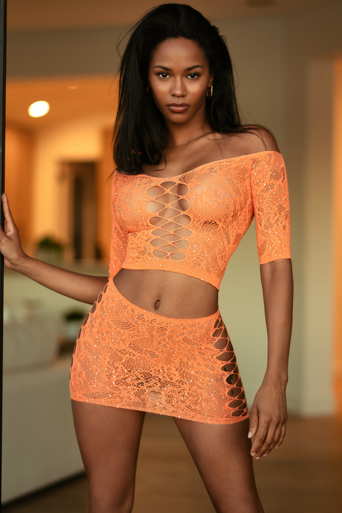 Orange Sheer All Over Rhinestones Crisscross Cutouts Crop Top Skirt Set - One Size