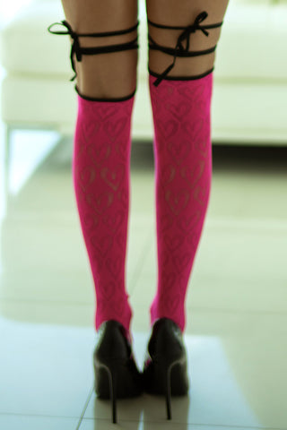 Lingering Hearts Lingerie Bodysuit with Tights - Fuchsia