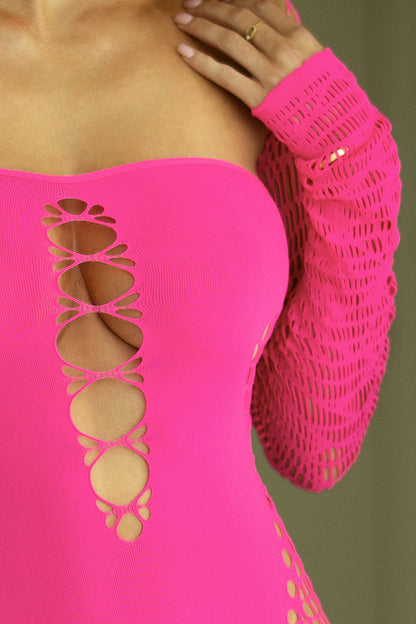 Midnight Cravings Fishnet Mini Dress with Thong - Fuchsia