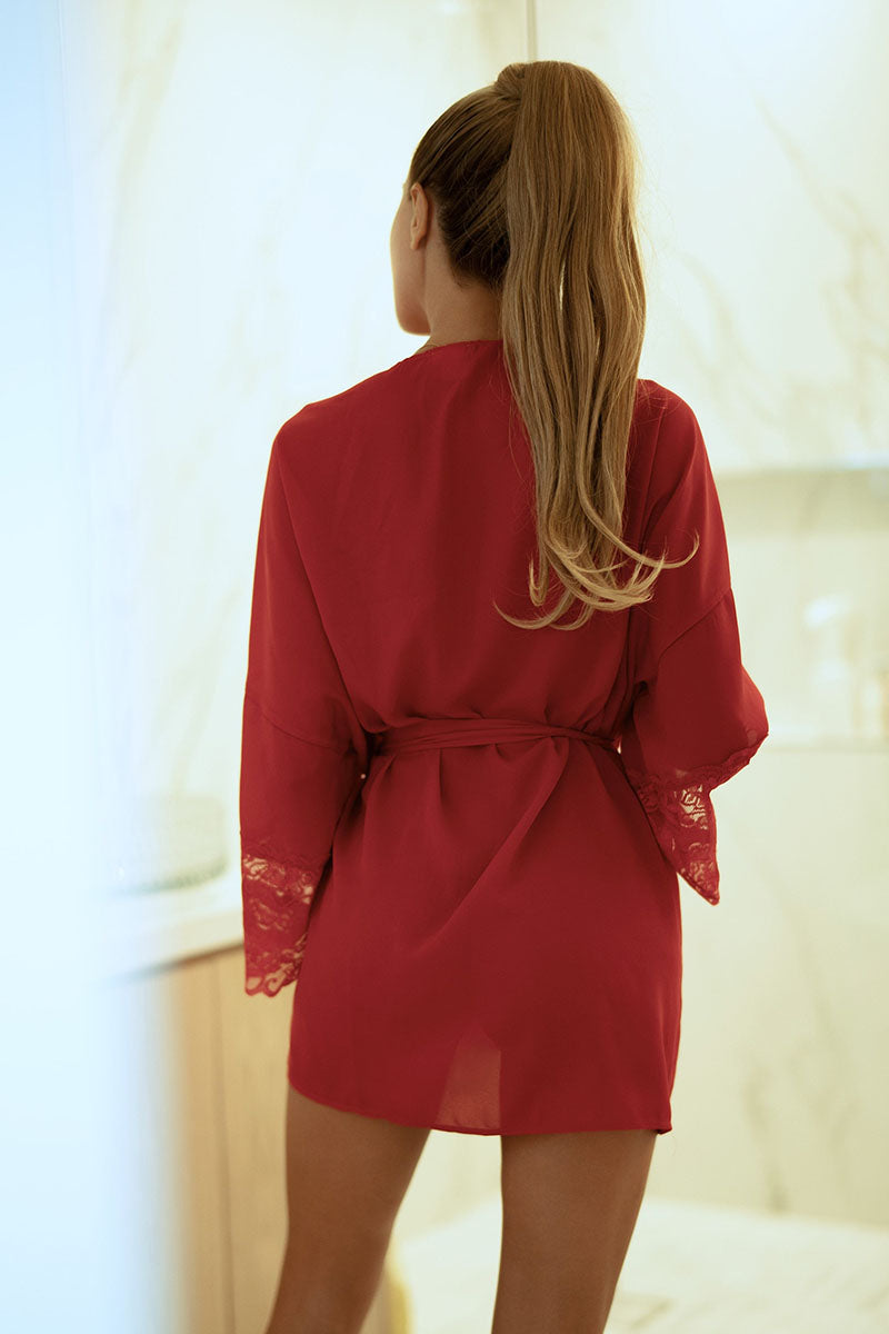 Sexy and Soft Satin Red Robe with Lace Trims - One Size