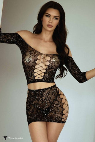 Black Sheer All Over Rhinestones Crisscross Cutouts Crop Top Skirt Set - One Size